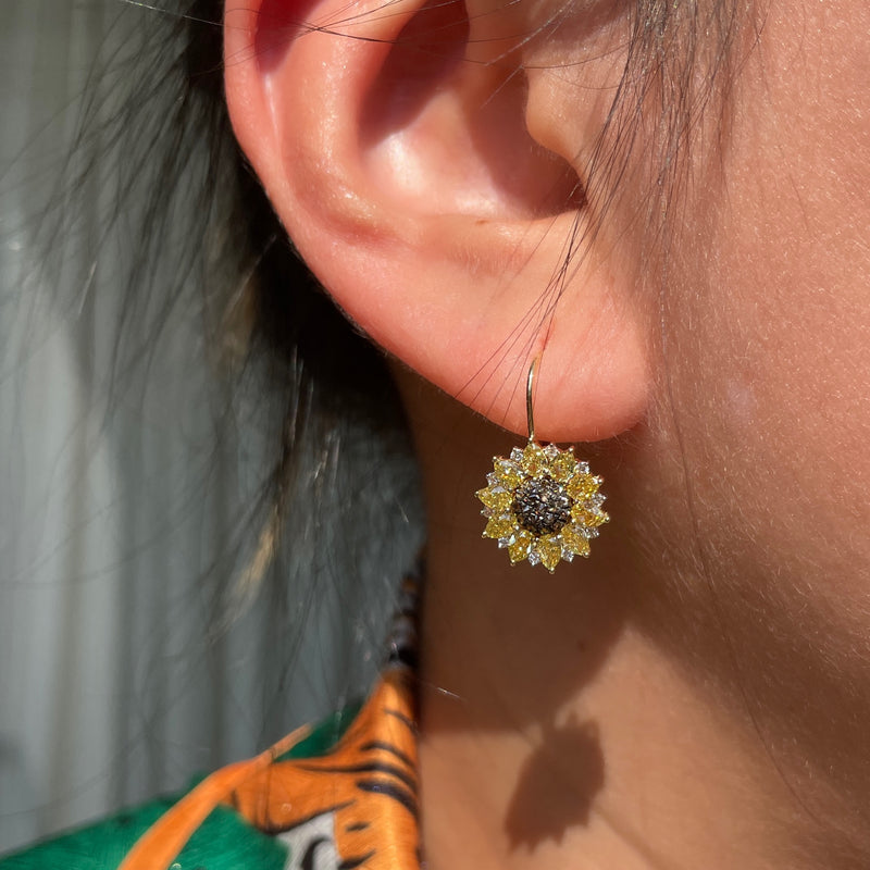 Vivid Yellow & Brown Diamond Sunflower Earrings