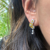 Vivid Yellow & White Diamond Sunflower Cluster Earrings