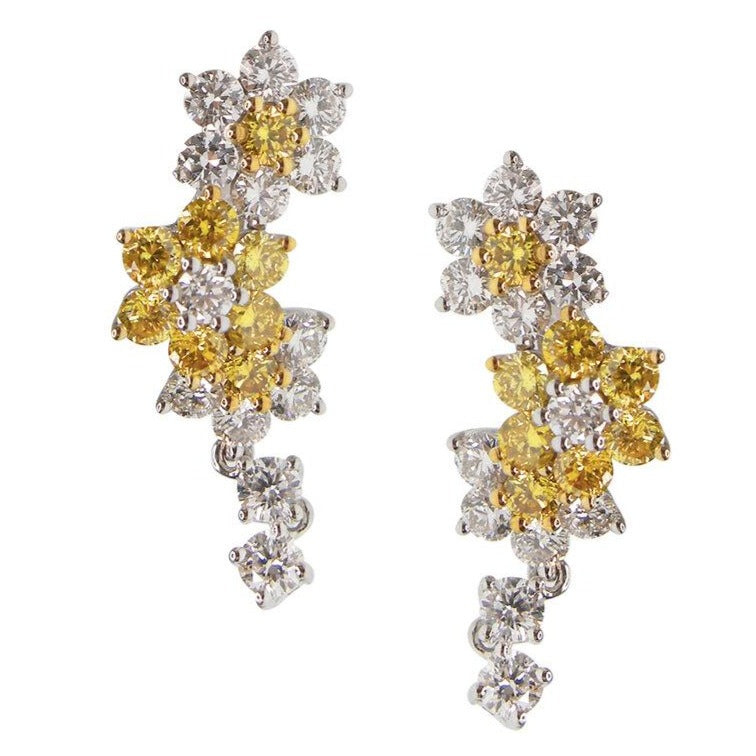Vivid Yellow & White Diamond Sunflower Cluster Earrings