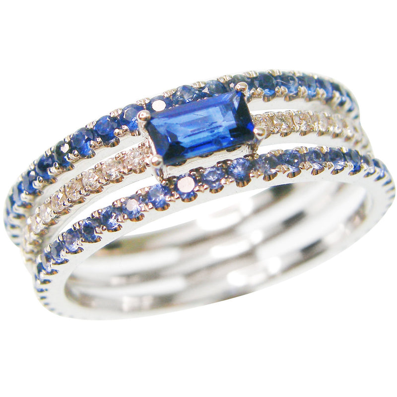 Blue Sapphire & Diamond Baguette Stack Ring