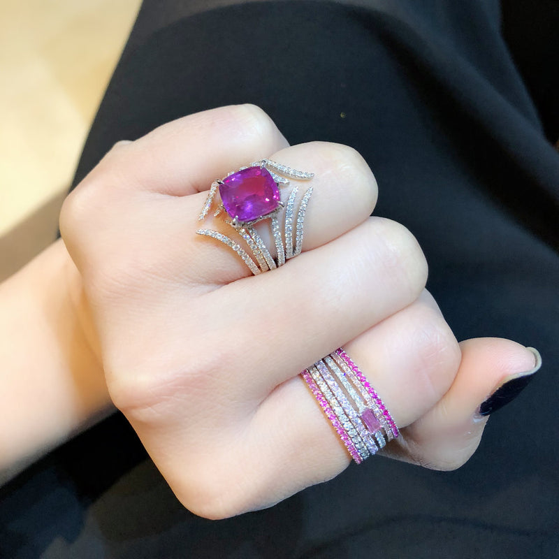 Pink Sapphire & Diamond Baguette Stack Ring