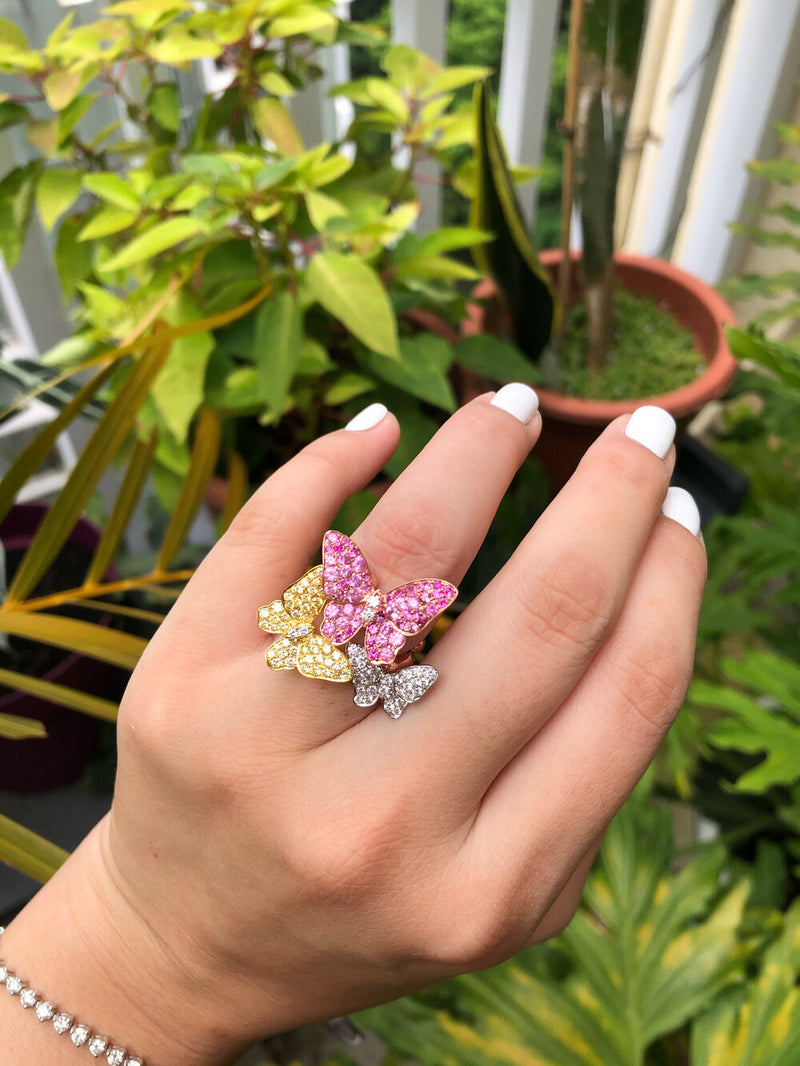 Two Butterfly Ring Multi-Gem Butterfly Trio Two Finger Ring