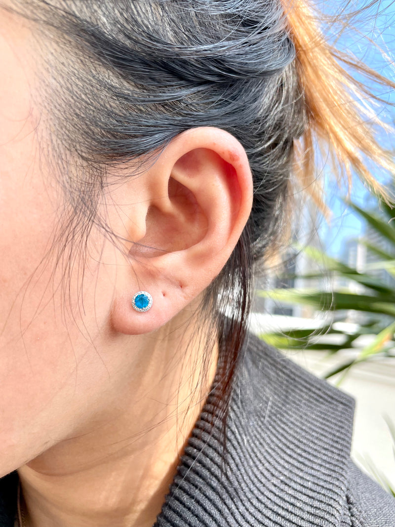 Neon Blue Apatite & Diamond Stud Earrings